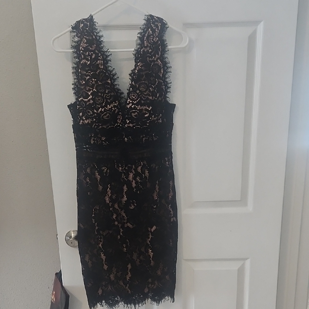 Just Me Black and Cream Backless Lace Dress